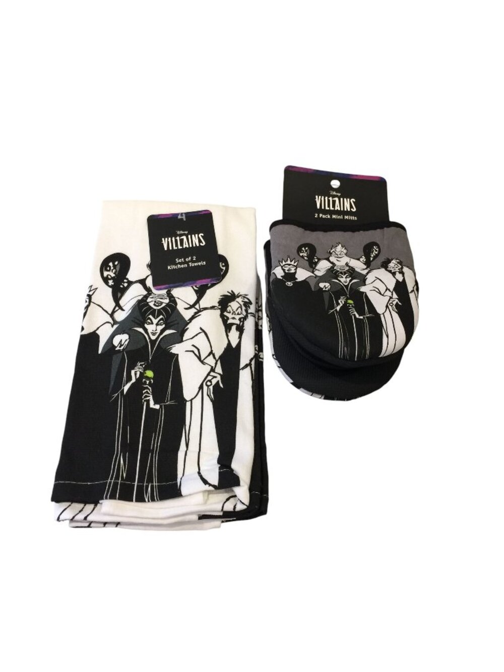 Disney Villains 2 Pack Kitchen Towels 2 Pack Mini Mitts Black White